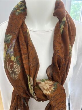 Patricia Nash English Garden Floral Signature Map Wrap Rectangular Brown Scarf
